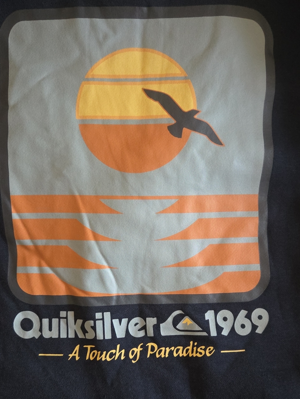 Quiksilver Black Sweatshirt with Orange & Yellow Sunset Graphic